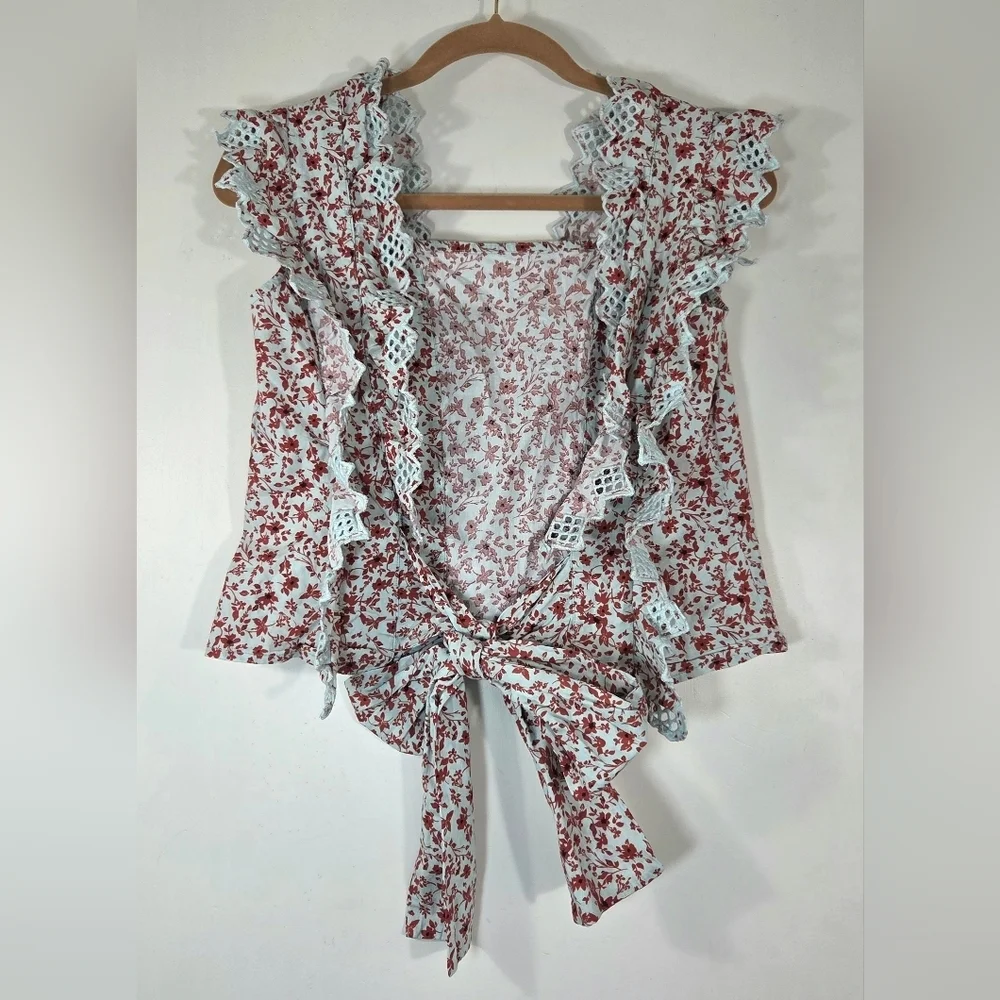 ANTHROPOLOGIE BLUE TASSEL TRINA BACK BOW FLORAL BLOUSE. - Picture 4 of 6